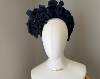 Navy large silk flower Fascinator Headband : Crown headpiece, Wedding Guest Headwear