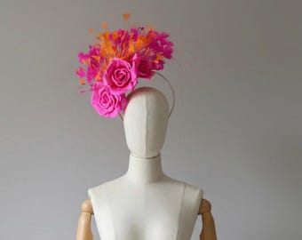 Pink and orange statement Fascinator, ombré flower headband , Ascot hat