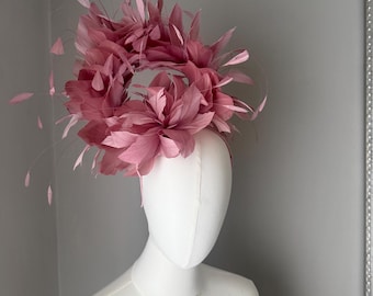 Dusky pink statement feather fascinator headband: headwear, races wedding
