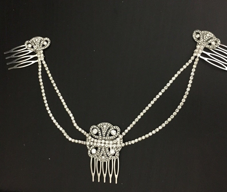 Hair chain for a 1920s wedding Deloras Hair Chain Silver crystal Bridal headpiece