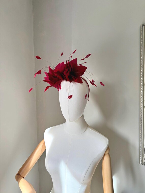 Burgundy Feather Fascinator Headband: Races Headpiece - Etsy display picture 2