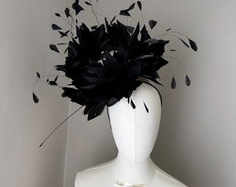 Black feather statement large fascinator headband: headwear, races wedding