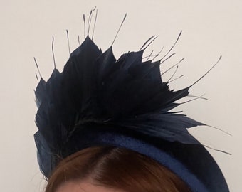 Navy blue feather padded headband fascinator,large races headpiece, mother of the bride headpiece, velvet fascinator headband
