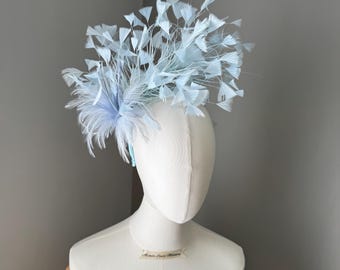 Light blue statement feather fascinator headband, occasional headpiece, ladies day large headwear