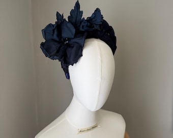 Navy silk flower Fascinator Headband : Crown headpiece, Wedding Guest Headwear