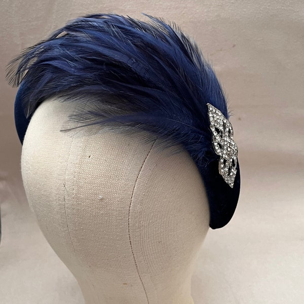 Navy blue feather padded headband fascinator, Races headpiece, mother of the bride headpiece, velvet fascinator headband, other colours