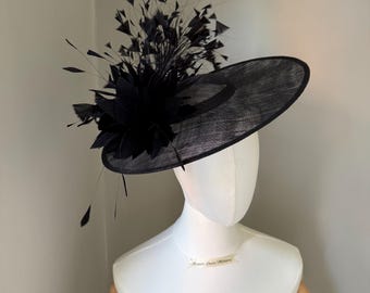 Black feather Boater Hat : Sinamay trimmed hat, Small Brim, Ascot Headwear