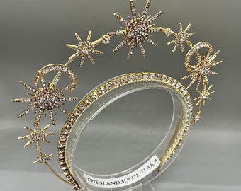 Gold Star Halo Headband, Star Crown For A Celestial Wedding, Cosmic bridal headpiece, Crystal Headband, Star Tiara, crown, gold tiara