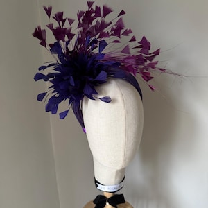 May include: A navy blue and purple feather fascinator displayed on a mannequin head. The headpiece features a cluster of navy blue feathers, with purple and navy feathers extending upwards. The headband is navy blue.