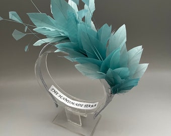 Duck Egg blue feather headband fascinator, Races headpiece, mother of the bride headpiece, light blue fascinator headband