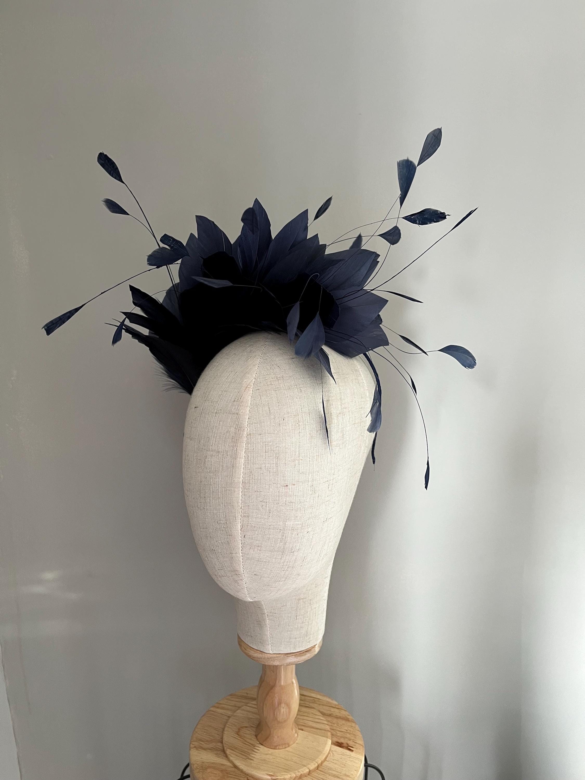 Navy blue feather headband fascinator, Blue headpiece for a wedding guest, mother of the bride, Races headwear