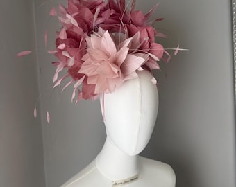 Dusky and mink pink statement feather fascinator headband: headwear, races wedding