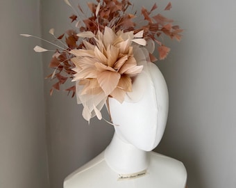 Natural beige feather fascinator statement headband , Ascot hat, wedding races