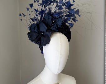 Navy Blue silk flower Fascinator Halo Headband : Crown headpiece, Wedding Guest Headwear