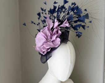 Navy blue and lilac fascinator feather and flower headband : statement headwear, races wedding guest