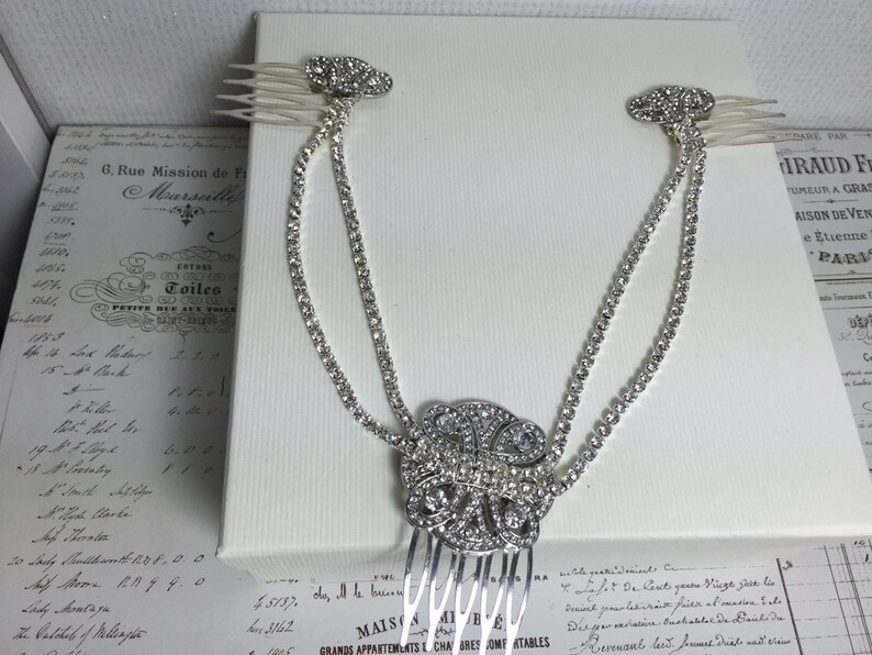 Hair chain for a 1920s wedding Deloras Hair Chain Silver crystal Bridal headpiece