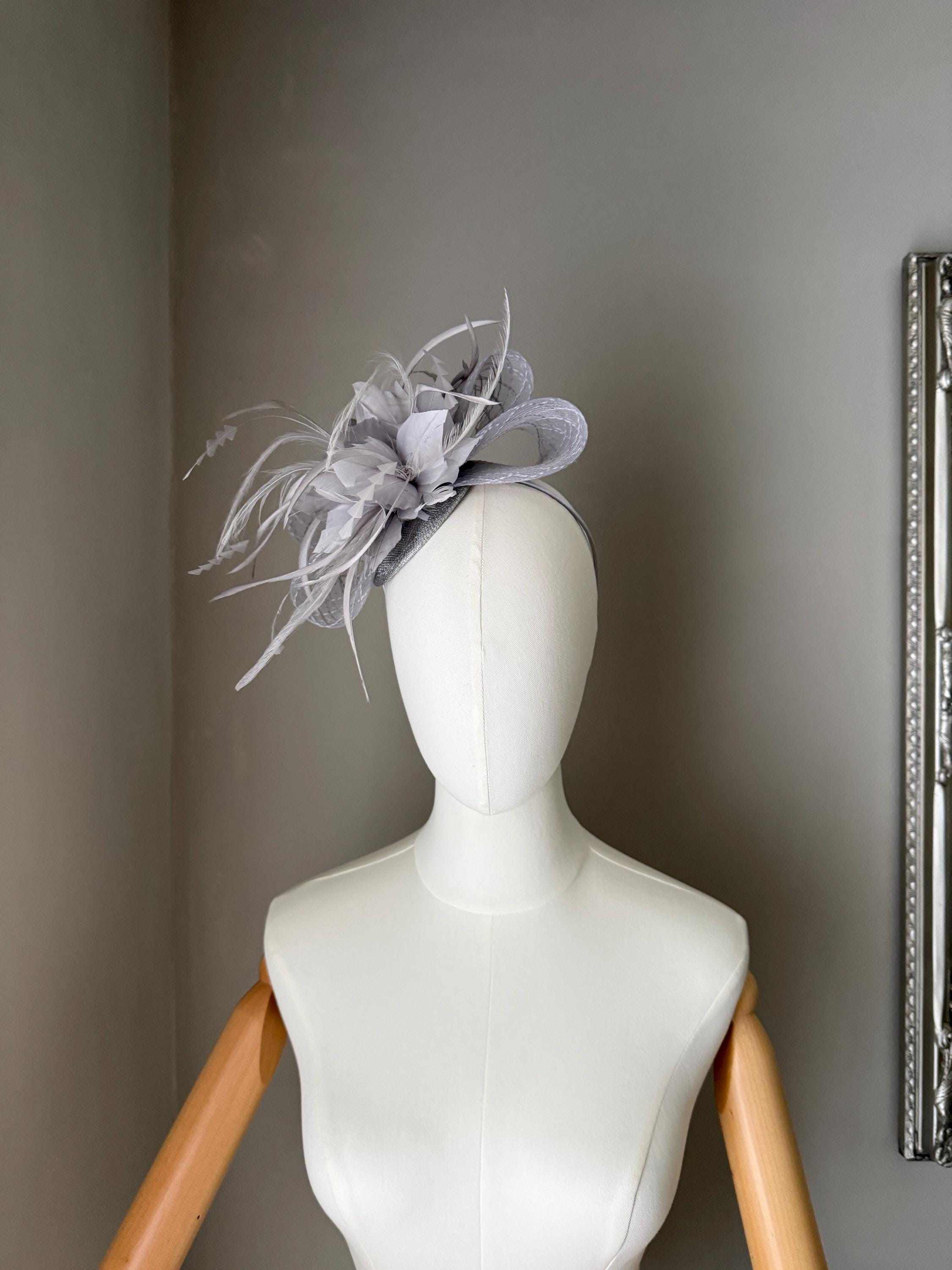 Elegant Feather Fascinator Headband in Light Gray and silver Silver Gray Simple Side Pleat Sinamay Wedding Fascinator main image 2