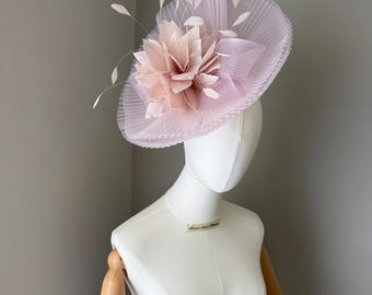 Pale Pink Fascinator Hat large Feather Hatinator, Races Headwear, wedding guest outfit
