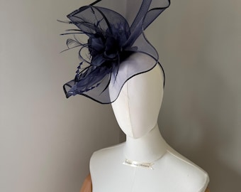 Navy large fascinator headband, Navy feather hatinator headpiece for a wedding guest, mother of the bride, Hat for the races