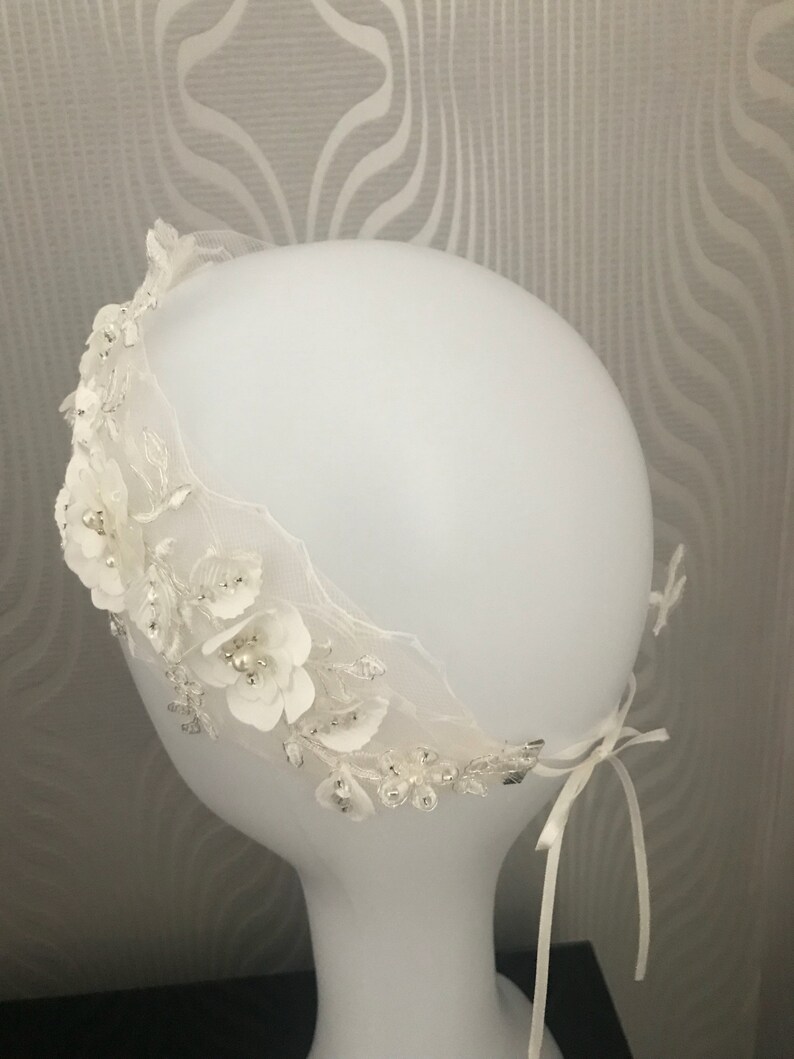 Lace bridal headpiece with birdcage veil ivory lace headband Etsy