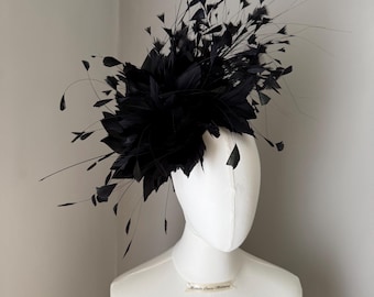 Black mini hat feather statement large fascinator headband: headwear, races wedding
