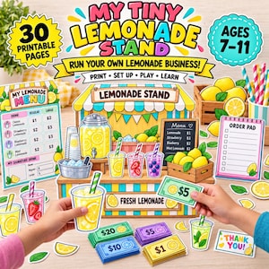 May include: A printable lemonade stand kit featuring a menu, order pad, play money, and paper cutouts of lemonade cups, lemons, and crates. The set includes text such as My Tiny Lemonade Stand, Run Your Own Lemonade Business, and various prices.