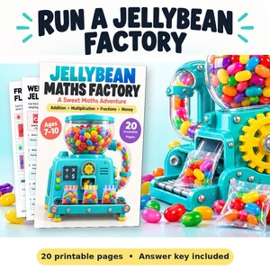 Può includere: Un set educativo Jellybean Maths Factory con 20 pagine stampabili e una chiave di risposta. La copertina mostra una macchina giocattolo color verde acqua piena di caramelle gommose colorate, simboli matematici e sacchetti. Il testo recita Run a Jellybean Factory.