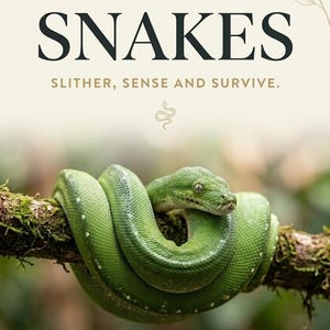 Puede incluir: Un póster titulado WONDER EXPLORERS SNAKES SLITHER, SENSE AND SURVIVE. El diseño presenta una serpiente verde brillante enroscada alrededor de una rama de árbol cubierta de musgo. Abajo, el texto dice OBSERVE, INVESTIGATE, CREATE, TAKE ACTION, WONDER & LEARN STUDIO.