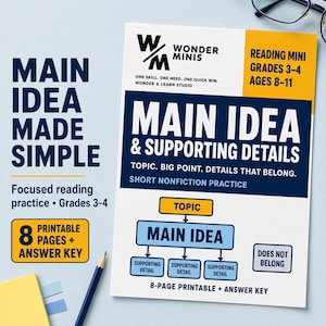 Könnte beinhalten: Ein weißes Arbeitsblatt mit dem Titel Main Idea & Supporting Details mit dunkelblauen und gelben Akzenten. Es enthält ein grafisches Diagramm, Text zur Leseübung für die Klassen 3-4 und einen Hinweis auf 8 druckbare Seiten.