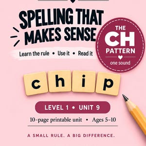 May include: A pink educational worksheet titled Wonder Spelling & Stories Spelling That Makes Sense. It features the CH pattern, the word chip spelled with letter tiles, Level 1 Unit 9, 10-page printable unit, ages 5-10, and A Small Rule. A Big Difference.