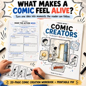 Może przedstawiać: 20-stronicowy zeszyt ćwiczeń do tworzenia komiksów zatytułowany Comic Creators od Wonder Writers. Zeszyt zawiera strony instruktażowe do planowania kadrów, sekwencji akcji i opowiadania historii oraz szablon komiksu w formacie PDF.