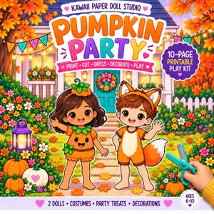 以下が含まれることがあります： 「Kawaii Paper Doll Studio Pumpkin Party」と題された10ページの印刷可能なプレイキット。キットには、2体の紙人形、衣装、パーティーのおやつ、装飾品が含まれています。表紙には、カボチャとキツネの衣装を着た2人のキャラクターが、秋の花とカボチャのある家の前に描かれています。