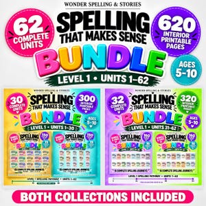 Op de afbeelding: Een digitaal educatief pakket genaamd Wonder Spelling & Stories, met 62 complete eenheden en 620 printbare pagina's voor kinderen van 5-10 jaar. De afbeelding toont twee subpakketten, een gele en een paarse, met details over de eenheden.