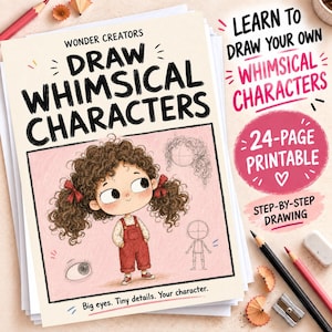 May include: A 24-page printable drawing guide titled Wonder Creators Draw Whimsical Characters. The cover features a cartoon illustration of a child with curly brown hair in red overalls, alongside step-by-step drawing sketches and text.