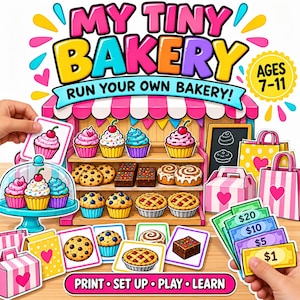 Puede incluir: Un juego My Tiny Bakery que incluye un puesto de panadería colorido, varias tarjetas de papel con cupcakes y pasteles, bolsas de regalo rosas y amarillas, y billetes de juguete marcados con $1, $5, $10 y $20. Incluye el texto Run Your Own Bakery.