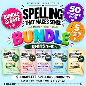 May include: A digital educational bundle titled Wonder Spelling & Stories Spelling That Makes Sense, featuring 50 printable pages across 5 units. The cover displays colorful text, five individual unit workbooks, and icons for bundle savings.