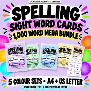 May include: A digital spelling sight word card mega bundle featuring 1,000 words across five colour-coded sets. The set includes printable PDF files in A4 and US Letter sizes, with numbered word cards, parent guides, games, and word checklists.
