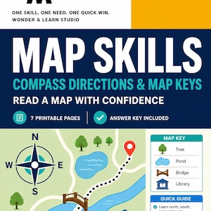 May include: Educational geography worksheet titled Map Skills Compass Directions & Map Keys for ages 7-10. Includes 7 printable pages, an answer key, a compass rose, a map with a dotted route, a bridge, a pond, trees, and a library icon.