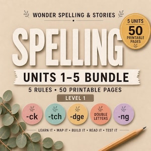 Könnte beinhalten: Ein digitales Lehrmaterial mit dem Titel Wonder Spelling & Stories Spelling Units 1-5 Bundle, Level 1. Es enthält 50 druckbare Seiten, 5 Regeln und fünf kreisförmige Symbole mit der Beschriftung -ck, -tch, -dge, double letters und -ng auf beigem Grund.