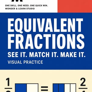 May include: A white, red, and blue educational card titled Wonder Minis Maths Mini Ages 8-11. It features the text Equivalent Fractions, See It. Match It. Make It. Visual Practice, and a diagram showing 1/2 equals 2/4 with blue and white boxes.