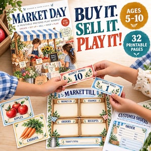 Może przedstawiać: Zestaw do zabawy w sklep do druku pod tytułem Market Day, zawierający 32 strony z ilustrowanymi straganami, pieniądze do zabawy o nominałach 1 i 10, organizer kasy oraz formularze zamówień dla dzieci w wieku od 5 do 10 lat.