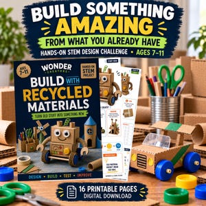 May include: A STEM design challenge kit featuring a book titled Build with Recycled Materials, 16 printable pages, and cardboard crafts including a robot and a car. The kit includes blue plastic bottle caps, scissors, and craft supplies.