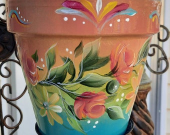 Terracotta Clay 8 inch Pot, Spring Roses,Handpainted, Homemade, Unique,  Outdoor Decor, Beautiful Floral Design,  Great Gift, Mother's Day