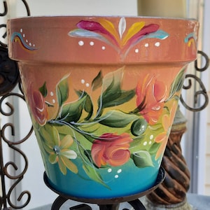 Terracotta Clay 6 inch Pot, Spring Roses,Handpainted, Homemade, Unique,  Outdoor Decor, Beautiful Floral Design,  Great Gift, Mother&#39;s Day