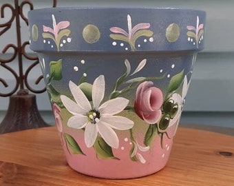 Terracotta Clay 6 inch Pot, Pink Roses,Handpainted, Homemade, Unique,  Outdoor Decor, Beautiful Floral Design,  Great Gift, Mother's Day