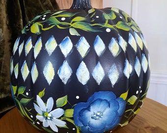 Painted, Black Pumpkin, Decor, Handpainted, 9", Centerpiece,  Outdoor Art,  Unique Fall Design, Homemade,  perfect gift, Fun Floral Beauty
