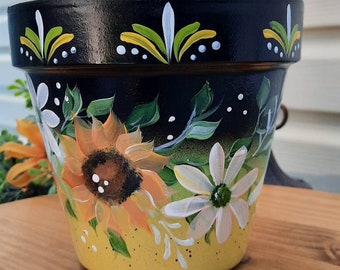 Terracotta, Honey Bee, 6 inch Pot Sunflowers,Handpainted, Homemade, Unique,  Outdoor Decor,Beautiful Floral Design, Great Gift, Mother's Day