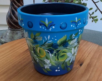 Terracotta 6" Flower Pot Blue Design, Handpainted, Homemade, Unique,  Outdoor Decor, Beautiful Floral Design,  Great Gift, Mother's Day