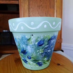 Soft Shabby Chic Clay 8&quot; Flower Pot in Blue and Green Floral. Hand painted acrylic Outdoor Art Terracotta Pot Blueberries Blue Flower Garden