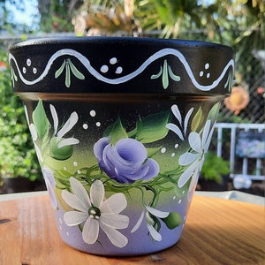 Terracotta 6&quot; Clay Garden Pot, Spring Roses,Handpainted, Homemade,Unique,  Outdoor Decor, Beautiful Floral Design,  Great Gift, Mother&#39;s Day